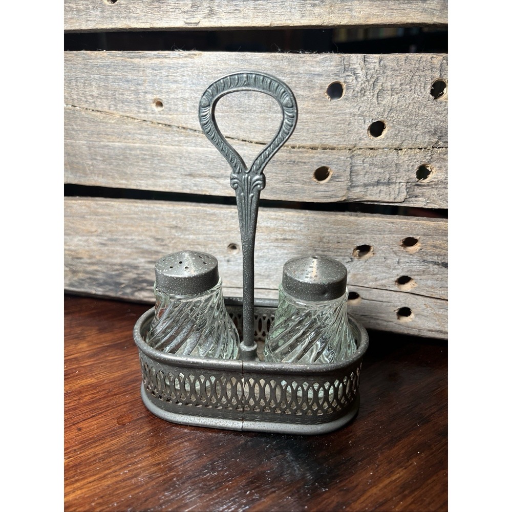 Vintage Chrome Plated Salt/ Pepper Caddy With Glass Shakers Some Corrosion